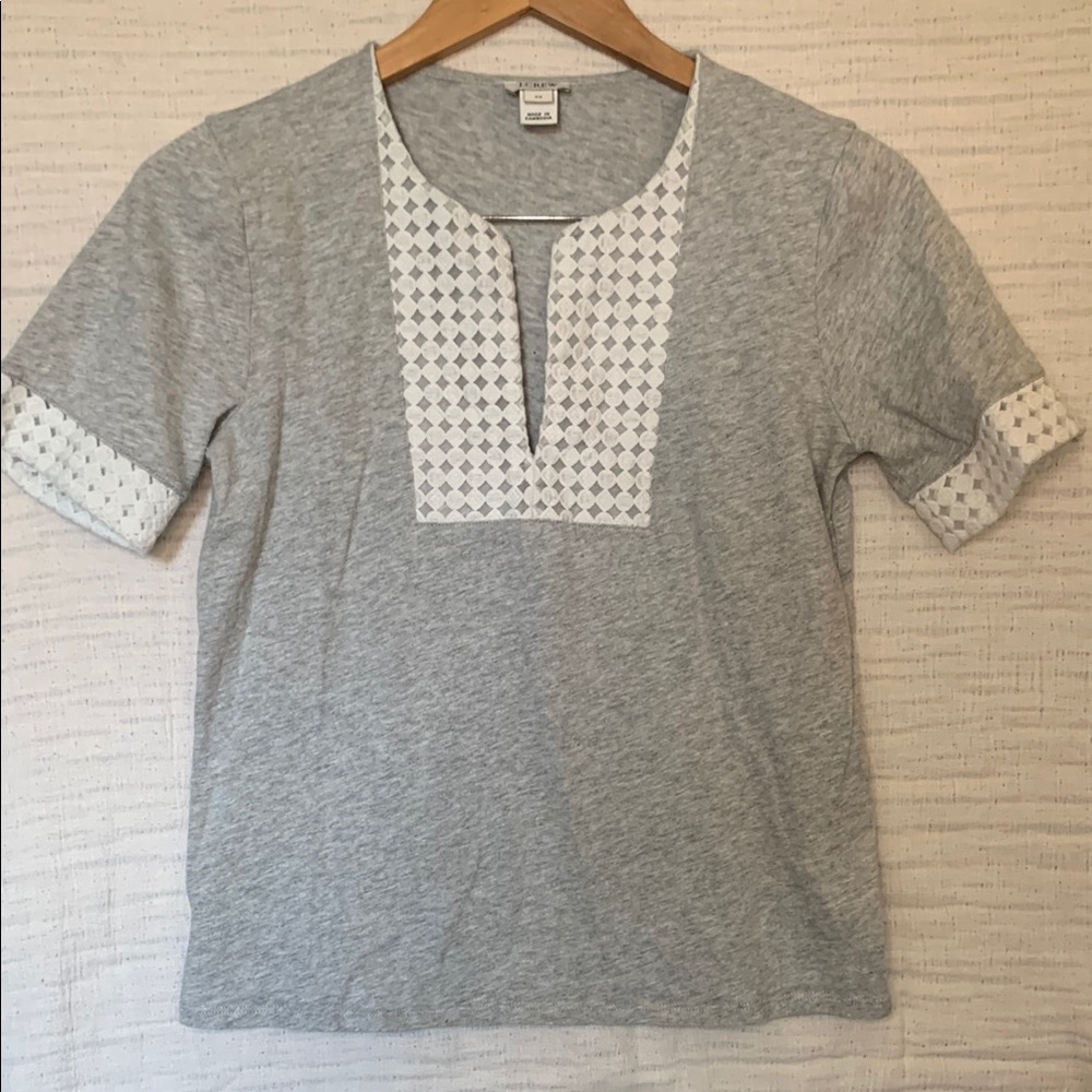 J. Crew Gray Short Sleeve Blouse with White Geometric Design